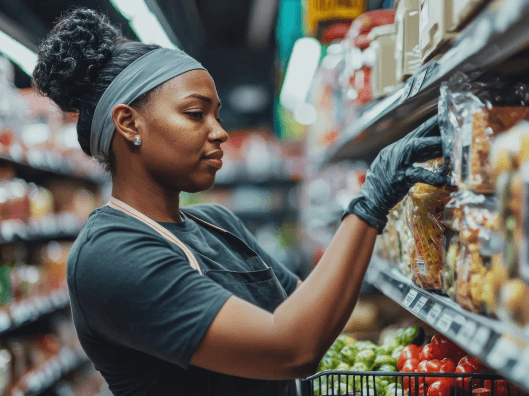 A woman wearing a green shirt and black gloves stocks a shelf in a grocery store