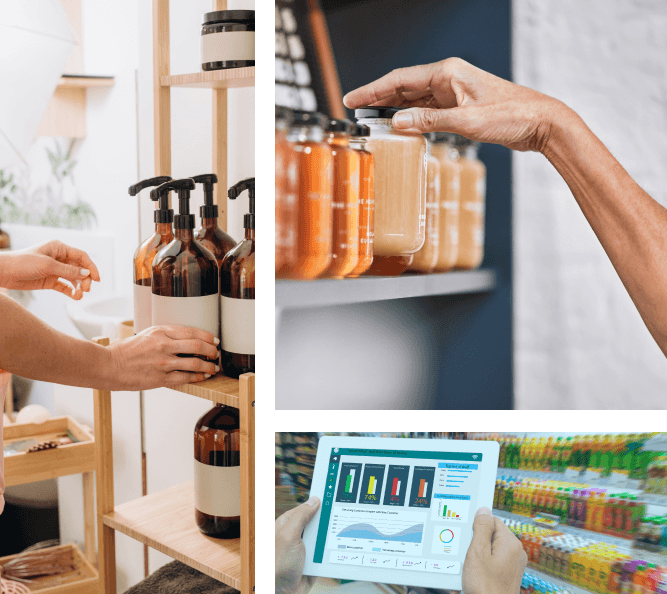 A stock image collage of hands reaching for retail items